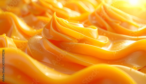 Silky mango yogurt cream waves with tropical golden glow macro