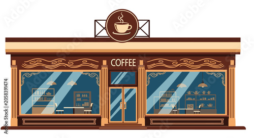 Exterior view of a cozy coffee shop front with large windows, tables inside, and a classic coffee cup logo sign.