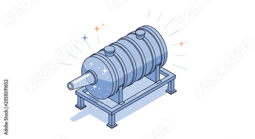 Isometric illustration of a shiny blue pressure vessel or industrial storage tank resting on a steel support frame.