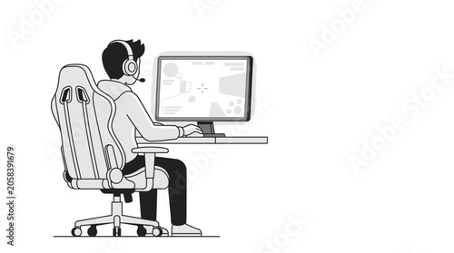 A line art illustration of a professional gamer sitting in a gaming chair playing a video game on a computer.