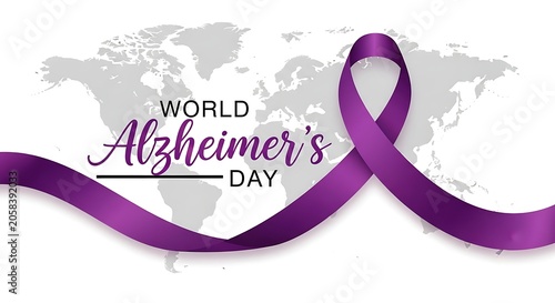 World Alzheimer's Day awareness ribbon on global map background with soft lighting