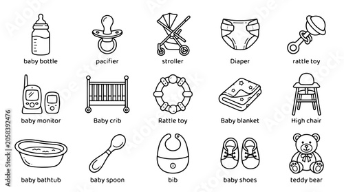 Photos Baby icons, nursery symbols, 16 child care illustrations, black and white vector