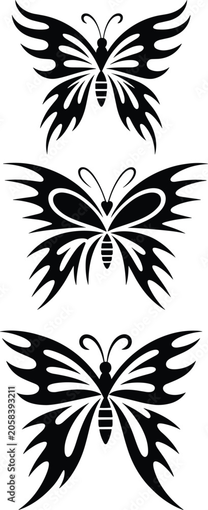 Fototapeta premium Butterfly silhouette set with decorative wings isolated on white background, black insect vector illustration collection for tattoo design, logo branding and nature artwork