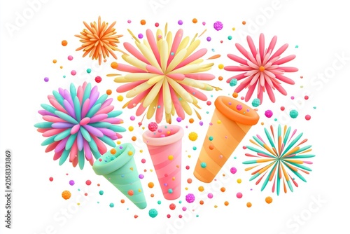 3D Fireworks and pollen that are often used in promotions and events illustration set. party, diary, decorate, event isolated on white. Vector render drawing. 3D cartoon style.