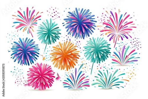 3D Fireworks and pollen that are often used in promotions and events illustration set. party, diary, decorate, event isolated on white. Vector render drawing. 3D cartoon style.
