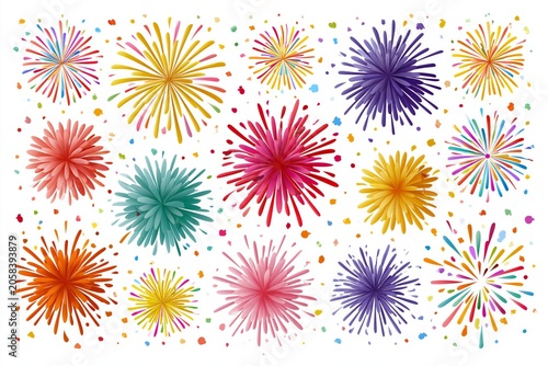 3D Fireworks and pollen that are often used in promotions and events illustration set. party, diary, decorate, event isolated on white. Vector render drawing. 3D cartoon style.