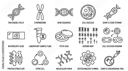 Photos Genetics, biology, science icons set, 20 elements, line style, black and white,