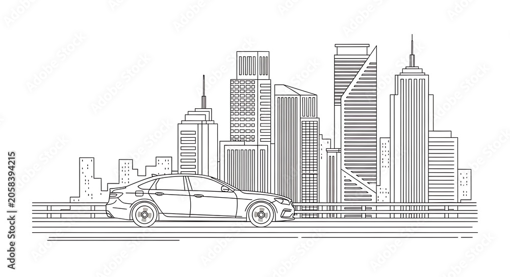 Obraz premium Minimalist line art of a modern sedan car driving in front of a stylized urban city skyscraper skyline