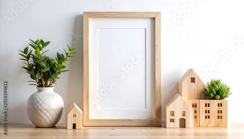 Minimal Wooden Frame Standing on Shelf with Potted Plant and Miniature Houses