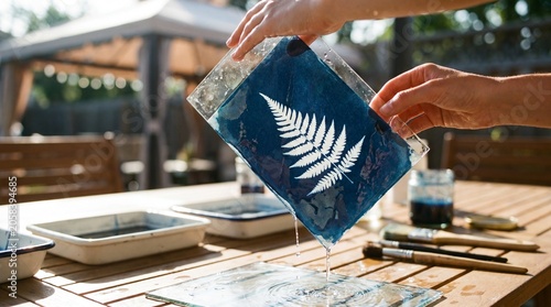 Hands lifting wet cyanotype print from water bath in sunny outdoor workspace