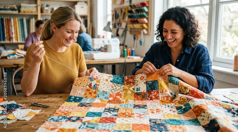 Fototapeta premium Two happy women laughing while sewing a colorful quilt in art studio.