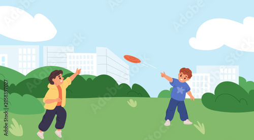 Cheerful children playing in city park. Active outdoor games. Playful kids tossing plastic plate. Little friends at playground. Leisure in nature. Teens throwing frisbee. Vector concept