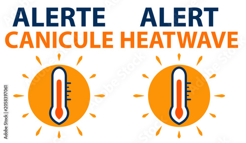 Flat vector style heatwave alert icon with orange sun, high thermometer and bold French text. Navy and orange color scheme, clean white background, suitable for weather apps, safety posters or infogra