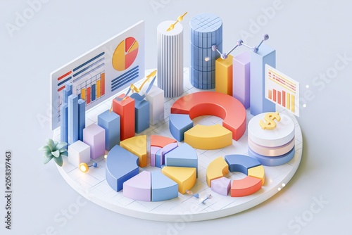 3D data storage, predictive analytics. Process of using and processing data to forecast future outcome. Business ideas or decisions development. Character collecting data for research. 3D vector