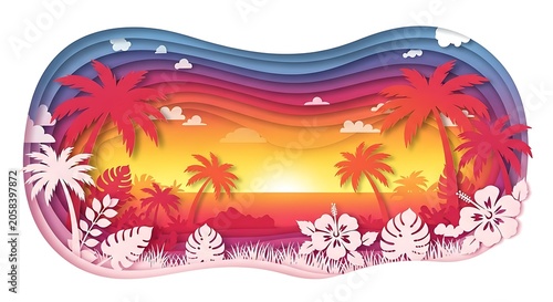Colorful Tropical Paper Cut Sunset with Palm Tree Silhouettes on White Background