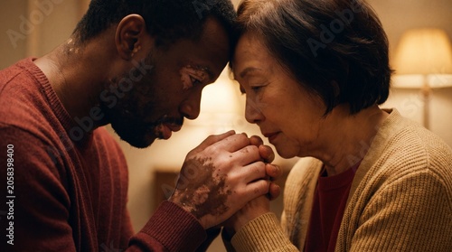 Black man with vitiligo and east woman clasp hands in support circle