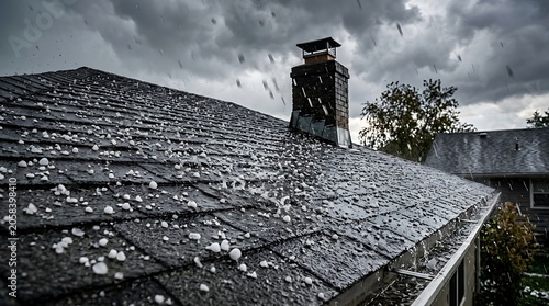 Large Hailstones Scattered on Dark Shingled Roof During Severe Storm