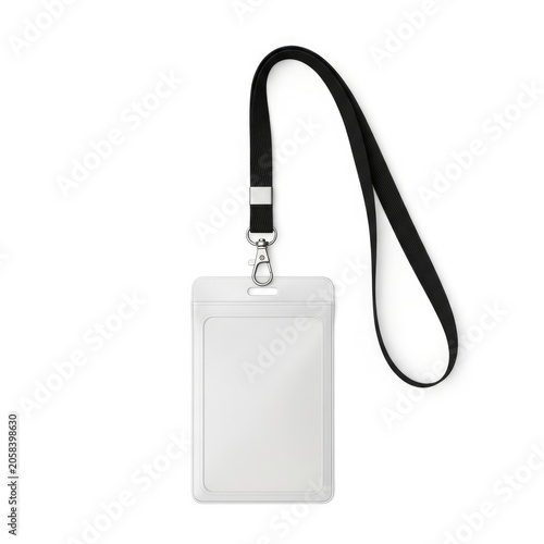 Clear badge holder with black lanyard isolated on white background