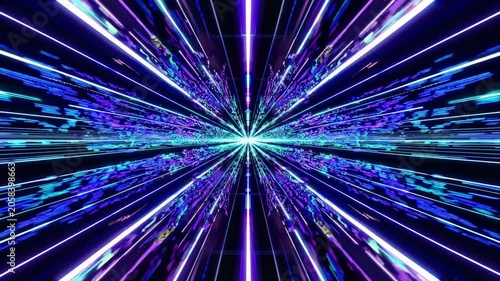 Neon radial tunnel with streaking light, digital particles and chromatic trails radiating from center, fast paced motion, club visualist energy, futuristic transition for music videos and motion.