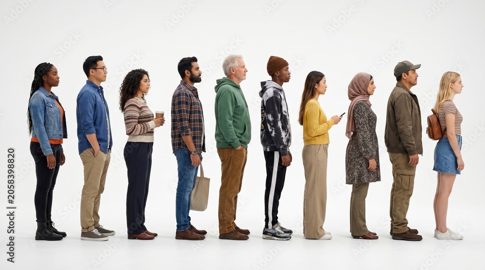 Obraz premium Diverse group of people standing in a line looking to the right