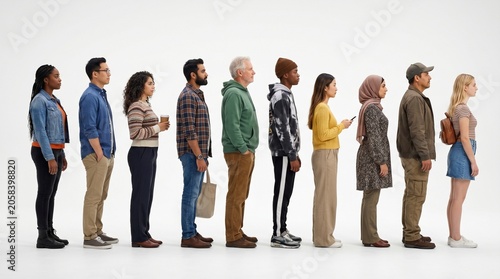 Diverse group of people standing in a line looking to the right