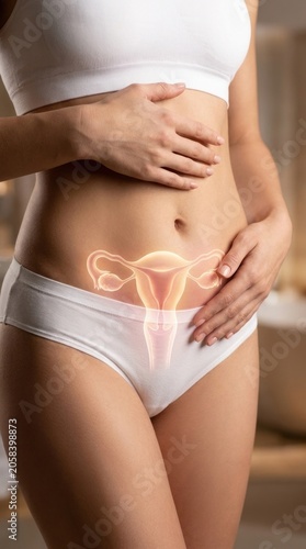 Woman body anatomy: uterus visualize, ovary function, menstrual cycle, hormone balance, reproduction health, fertility process, endometrium care, bleeding disorder, gynecology medicine.