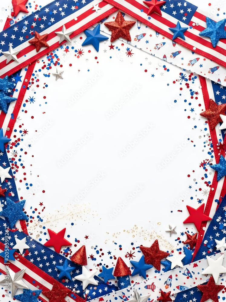 Obraz premium Patriotic frame with red, white, and blue stars and ribbons on isolated white background for 4th of july celebrations and american holidays