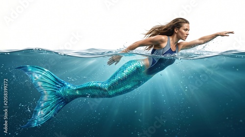 Woman in blue mermaid tail swimming underwater with sun rays