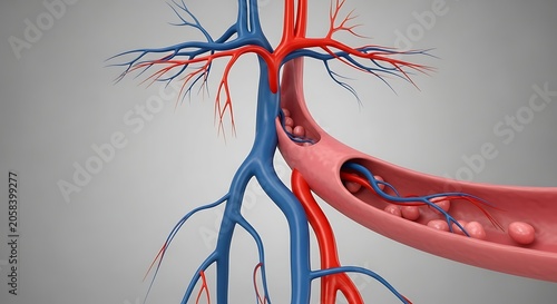 Detailed Human Blood Vessels Showing Arteries Veins and Blood Cells in Medical Anatomy Illustration