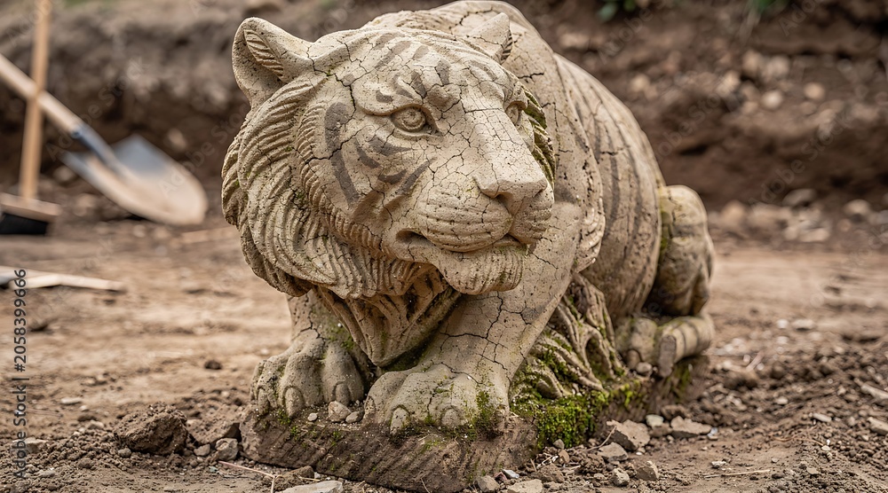 Fototapeta premium Weathered Stone Tiger Statue in a Garden Setting.