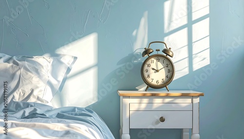 Vintage Alarm Clock on White Bedside Table Beside Rumpled Bed in Sunlit Blue Bedroom