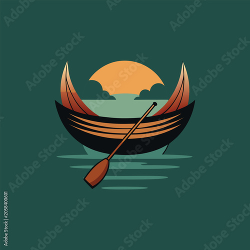 Vintage boat, canoe, paddle, sunset, vector icon, nautical symbol, flat design
