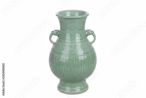 Antique Chinese Celadon Green Porcelain Vase with Dragon Handles