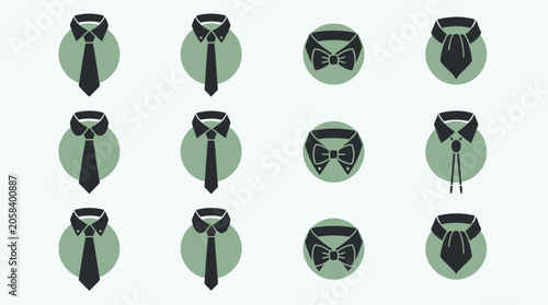 Minimalist necktie and bow tie icons with shirt collars on circular backgrounds, representing professional dress code guidelines and male fashion branding