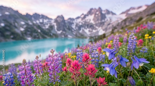 Alpine wildflowers blooming near turquoise lake and mountains at sunrise