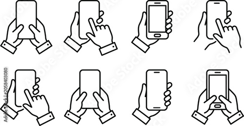 Vertical mobile phone gestures icon set with hands touching screen for app navigation and scrolling