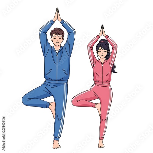 Young Couple Practicing Tree Pose Yoga on White Background
