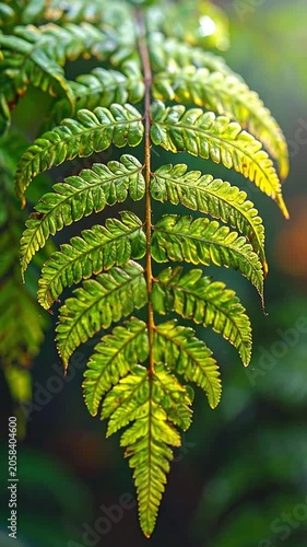 A vibrant green fern leaf grows in a lush forest setting