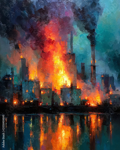 A massive fire engulfs an industrial cityscape at night with smoke and flames rising.