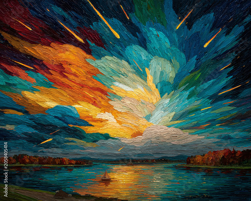 Vibrant Meteor Shower Erupts Over Serene Lake at Dusk with Colorful Sky