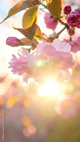 Soft pink flower blossoms glow under the warm morning sun light