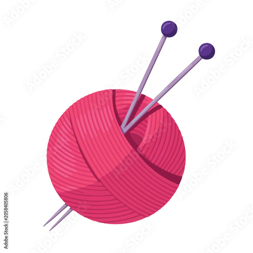 Pink yarn ball with knitting needles on a white background