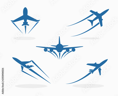 Set of Blue Airplane Icons with Contrails in Various Flying Poses
