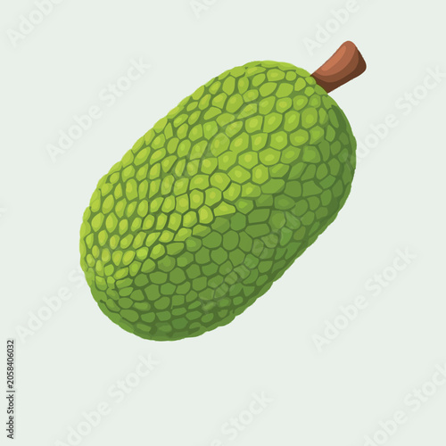 Fresh green jackfruit with a brown stem on a light background
