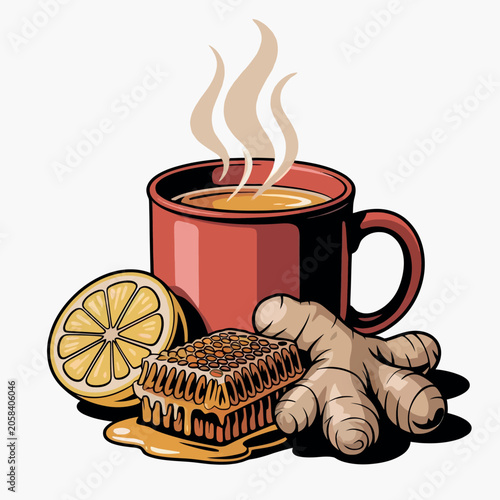 Hot cup of tea with lemon ginger and honeycomb for wellness