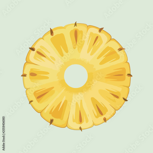 Fresh pineapple slice isolated on a light green background