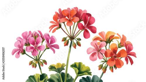 Vibrant geranium flowers in shades of pink and orange against a white background
