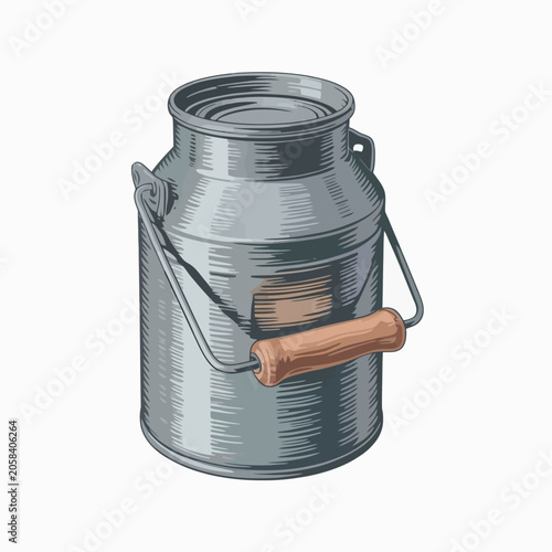 Vintage galvanized metal milk can with wooden handle isolated on white background