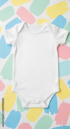 Plain White Baby Bodysuit Laid Flat on Colorful Pastel Brushstroke Background