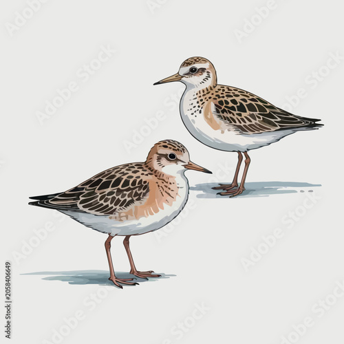 Two small wading birds with speckled brown and white plumage standing on a plain background